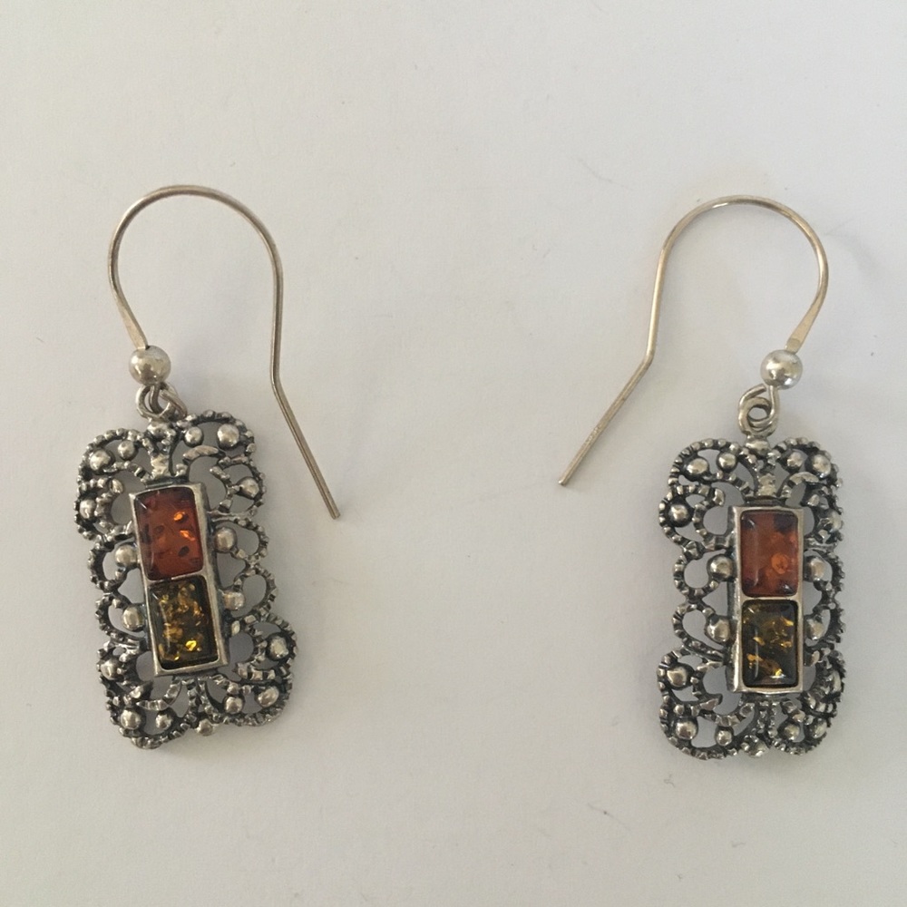 Baltic amber and green amber sterling filigree framed bezel earrings